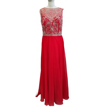 Red chiffon skirt on silver sequin top