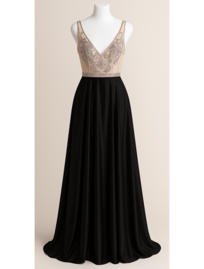 Nude Bodice on Satin Black Skirt
