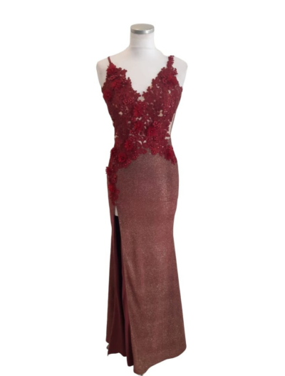 Burgundy Lace Bodice, Gold Glitter Skirt
