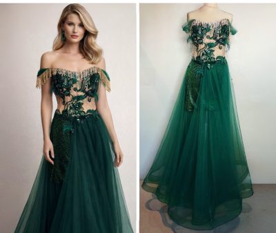 Green Lace On Nude Bodice Green Organza Skirt