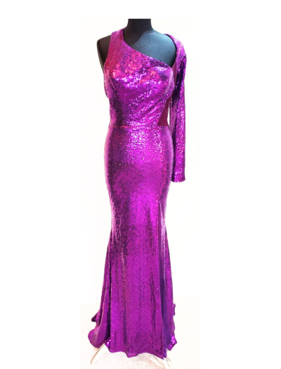 One Sleeve Purple Beaded Dress