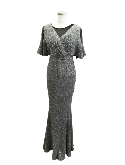 Silver Glitter Mermaid Gown With short Sleeves
