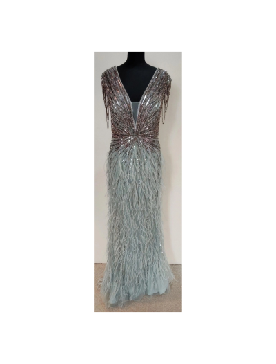 Sage green beaded with feathers